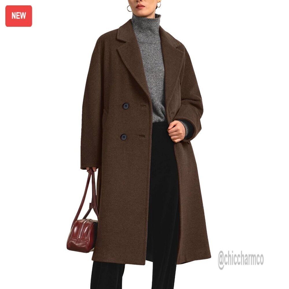 Long Double Breasted Pea Coat Notch Lapel Trench Overcoat Winter